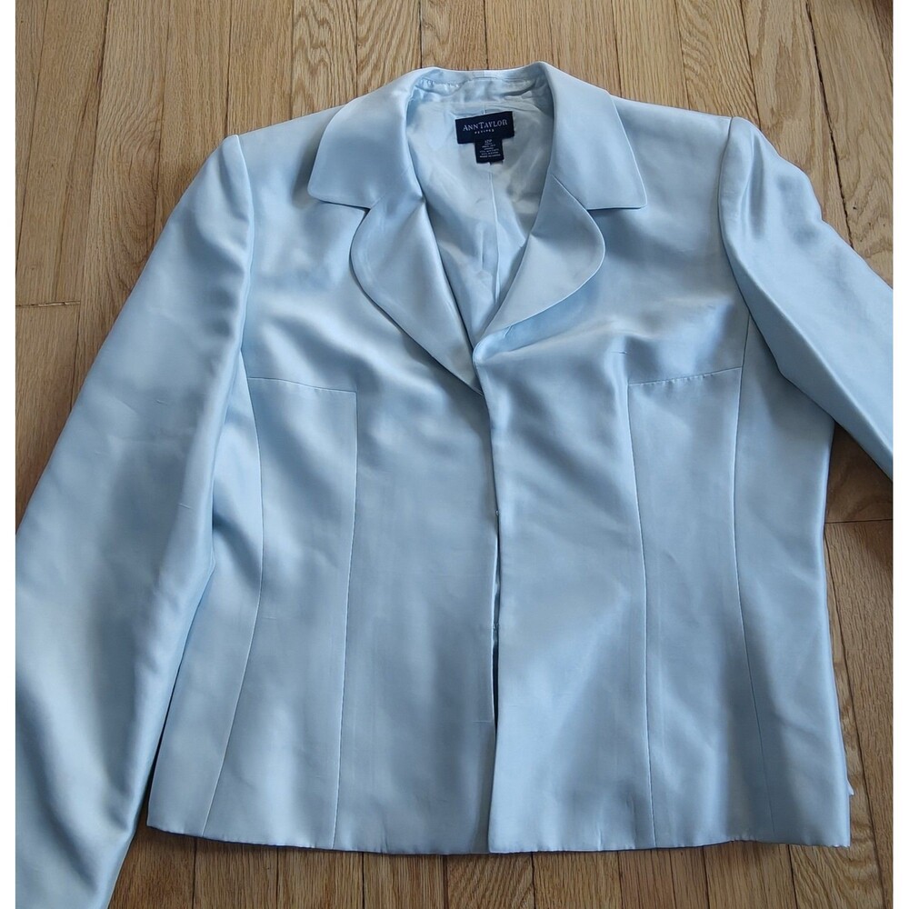 Ann Taylor 100% Silk Blazer Jacket Womens Blue 3/4 Sleeve Button Front Career
